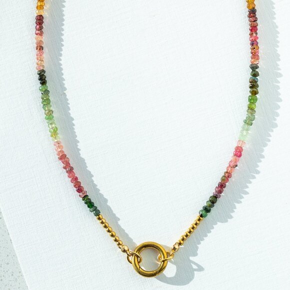 Jewelry - Watermelon Tourmaline Necklace Gemstone Beaded Necklace Gold Charm Clasp PRETTY
